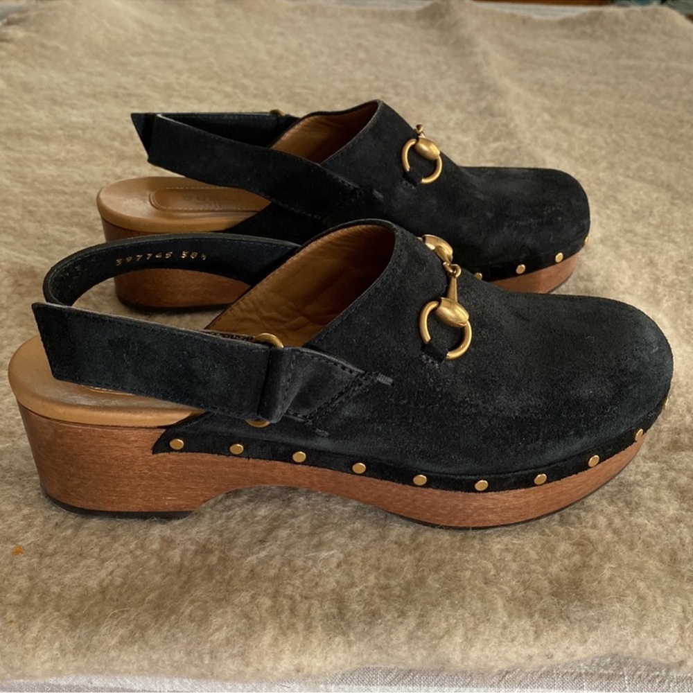 Gucci Black Suede Horsebit Clog Mules with Gold Studs - Picture 4 of 5